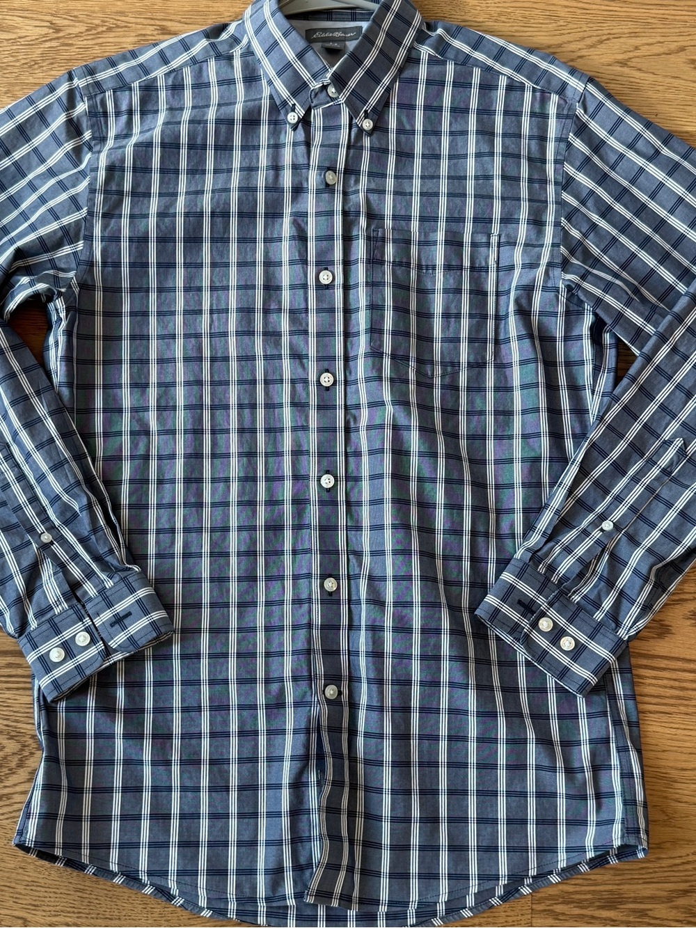 Eddie Bauer Navy and White Plaid Button-Down Shirt